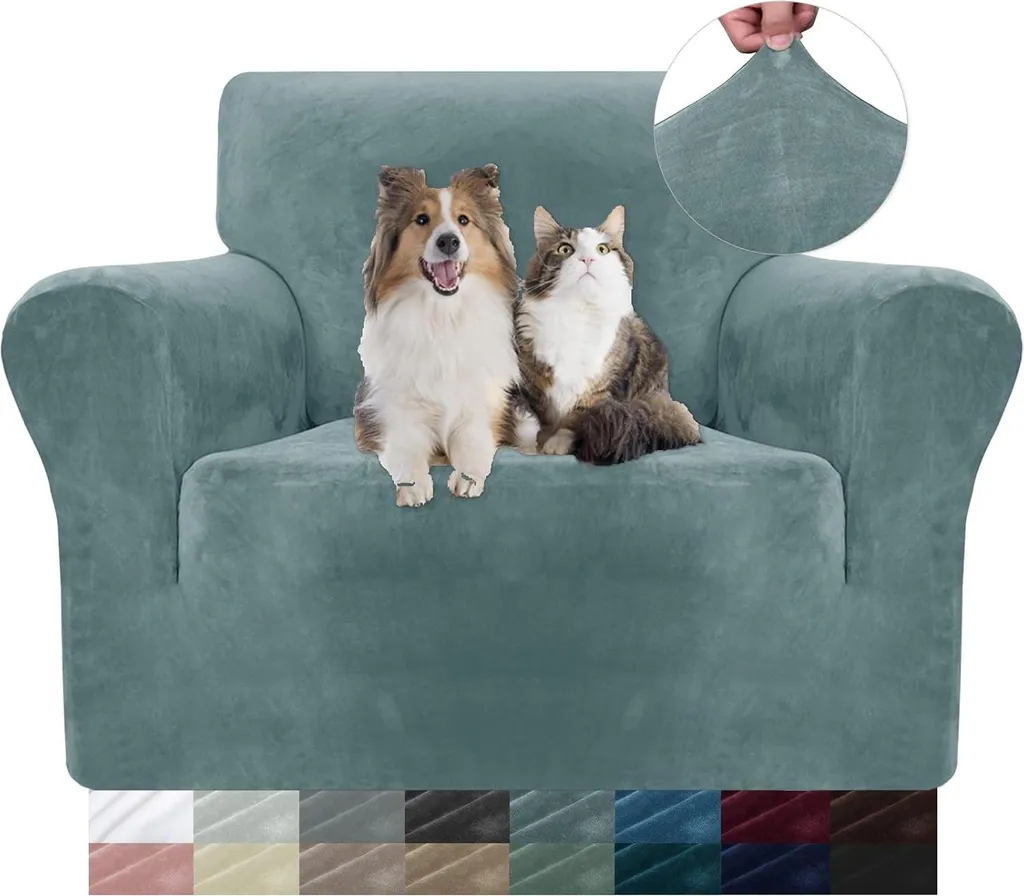 Housse fauteuil 1 place gris-bleu velours extensible et infroissable