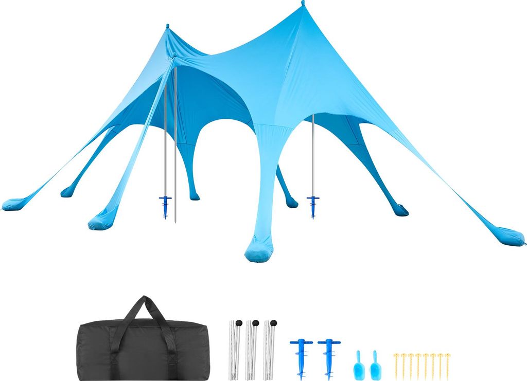 SucceBuy Strandzelt mit UV-Schutz (UPF 50+) 6,1 x 4 x 2,8 m, Strandmuschel mit Sandsäcken, Stützstangen und Sandschaufeln, Tragbares Sonnensegel ...