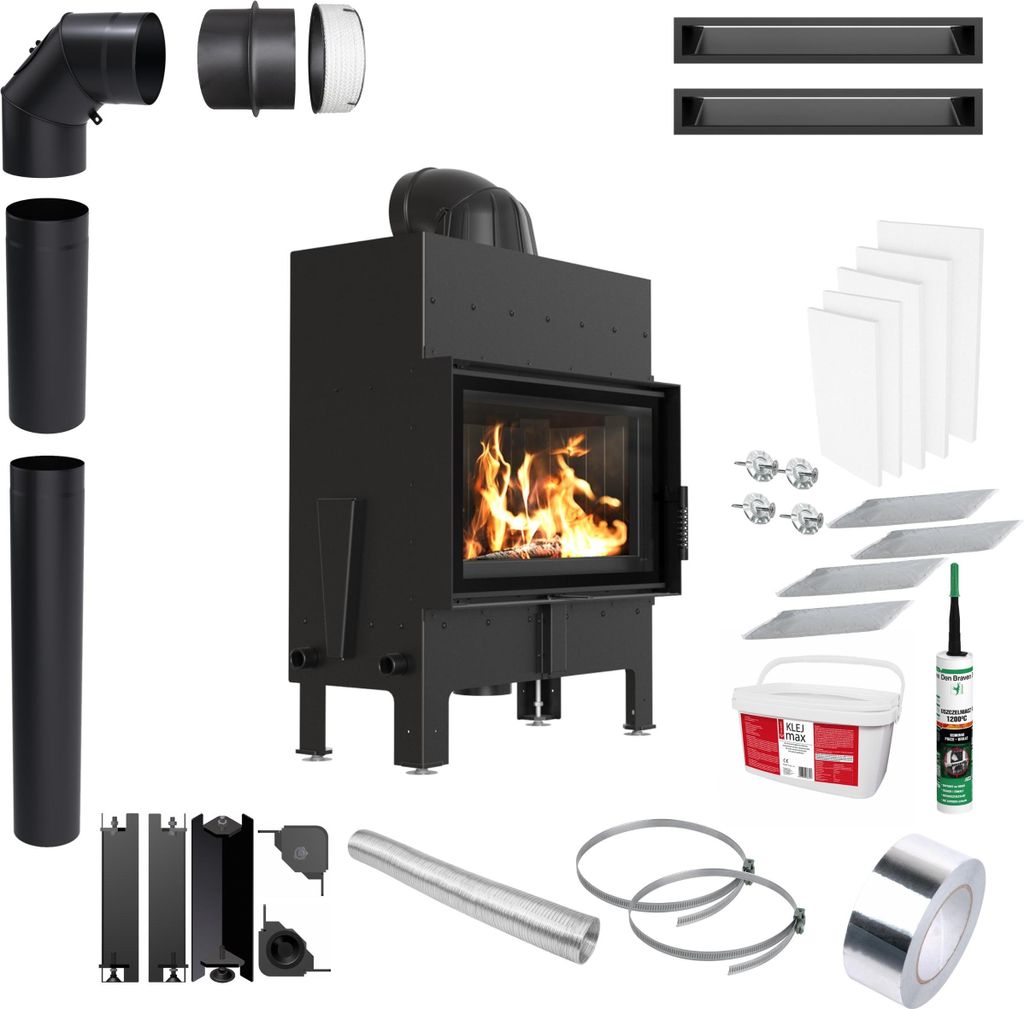 Kamin KRATKI FLOKI S 8kW EKO Ø160 Schwarz Einbauset mit Schließung