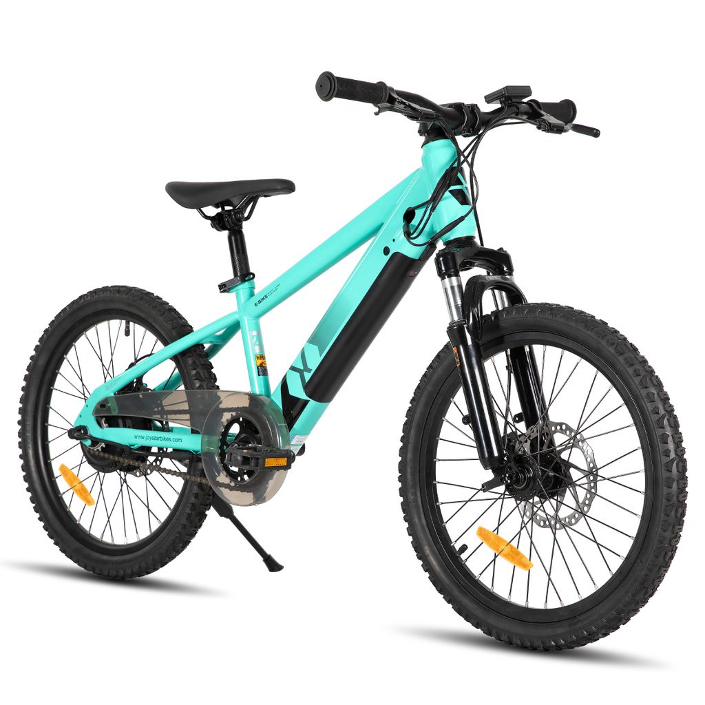 A teal electric mountain bike for children is shown against a white background.