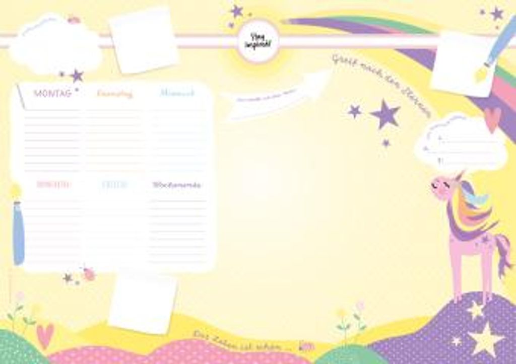 Schreibtischunterlage Kinder aus Papier in Gelb / Rosa mit Einhorn Motiv | 50 Blatt zum Abreißen in DIN A2