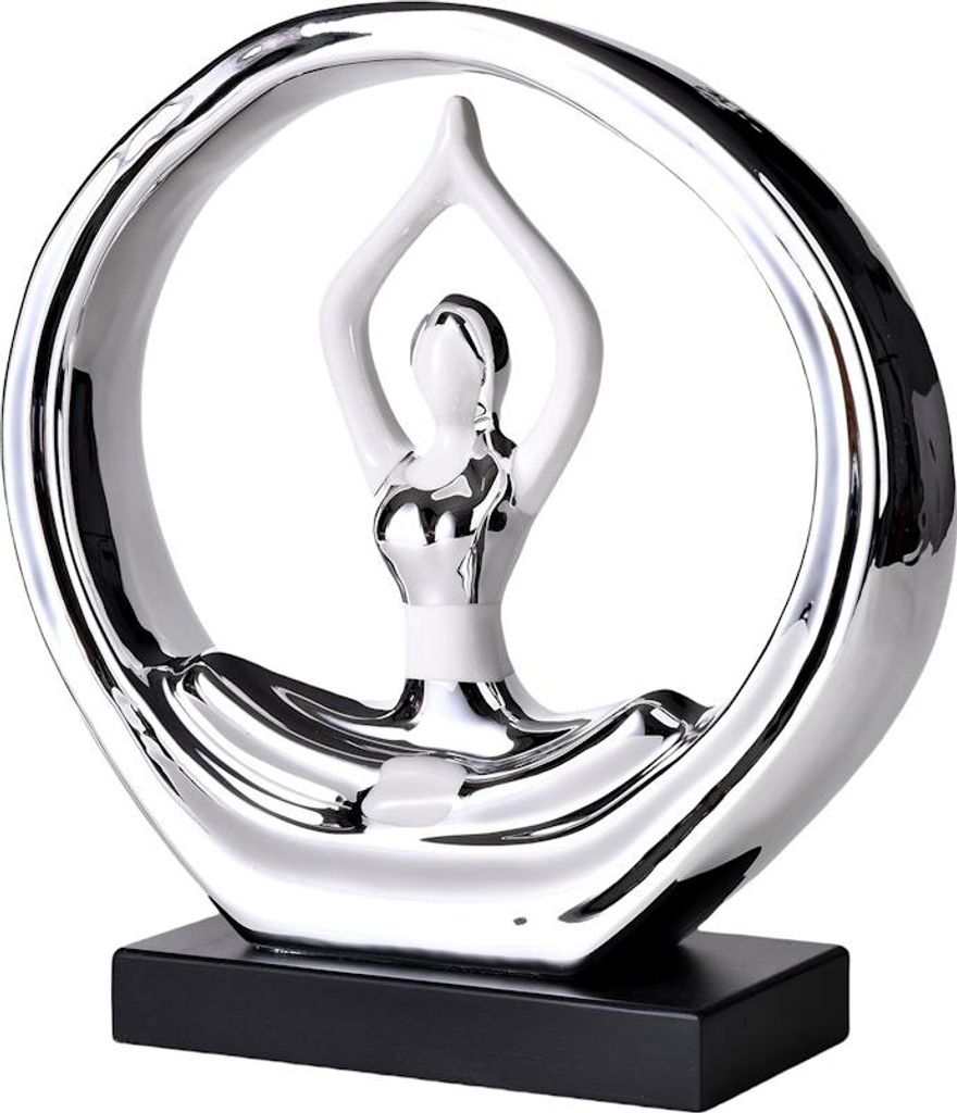Yoga Figur Frau Skulptur im runden Rahmen aus Polyresin in Silber 26 x 8,8 x 27 cm Deko für Wohnzimmer Schlafzimmer Büro Yogastudio Meditation Ze...