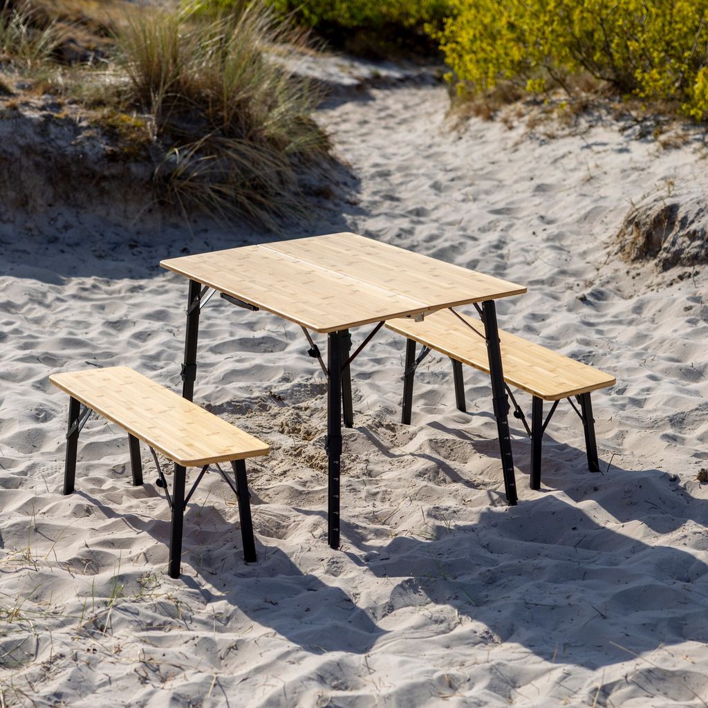 EVEBASE - Camping Set - Tisch - 2 Bänke - Bambus - Flex Produktbild 