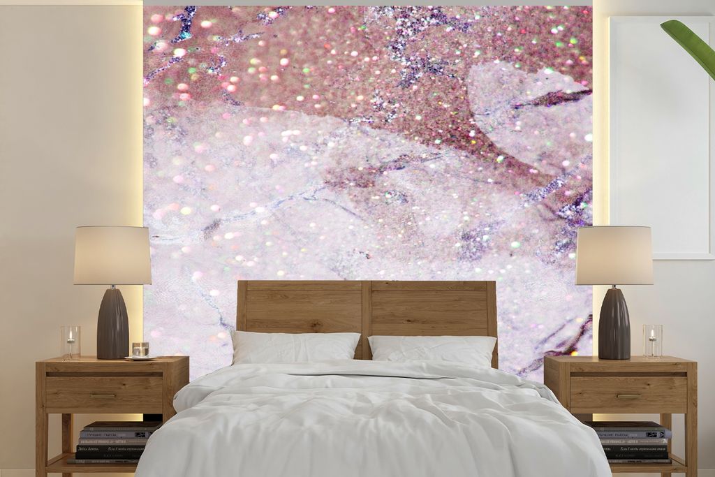 MuchoWow Fototapete für Wohnzimmer oder Schlafzimmer Wandtapete Vinyl Motivtapete Marmor - Rosa - Glitzer - 280x280 cm - Hintergrundbild