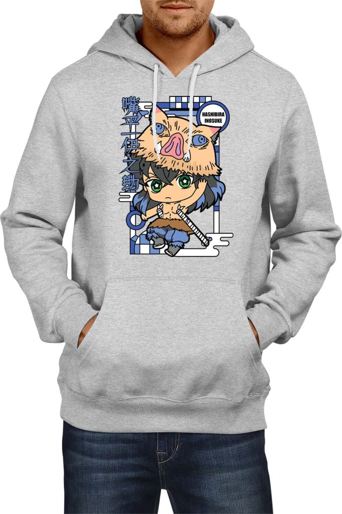 Herren Kapuzenpullover Demon Anime Slayer Kimetsu No Yaiba Chibi Inosuke Hashibira, Man M / Grau