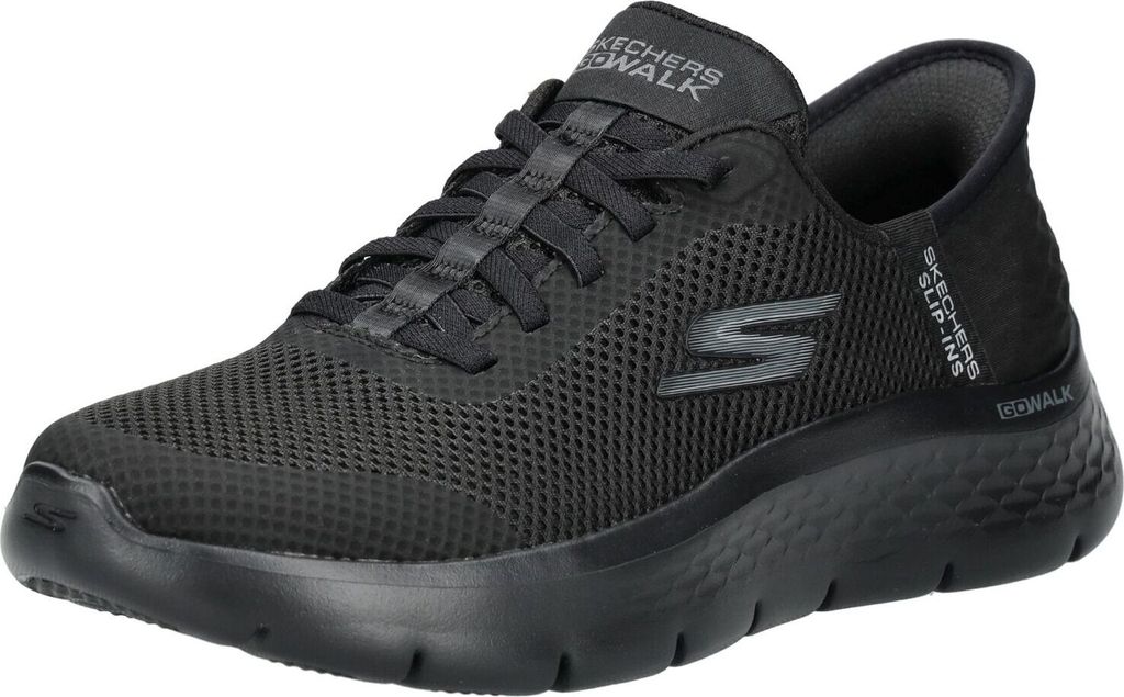 A black Skechers Go Walk Flex shoe is shown from a side-angle.