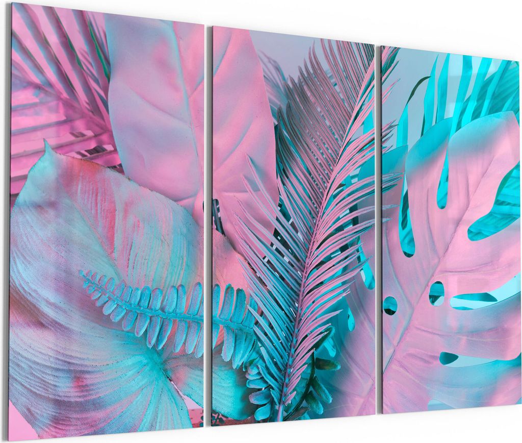 DEQORI Glasbild Echtglas 3x50x100 cm 'Tropenblätter: Farbeffekt' Wandbilder XXL groß