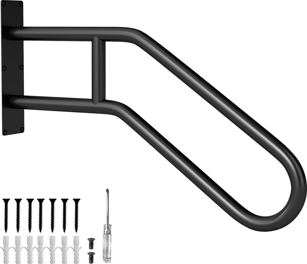 A black U-shaped handrail mounted on a white background, with screws and wall anchors shown below.