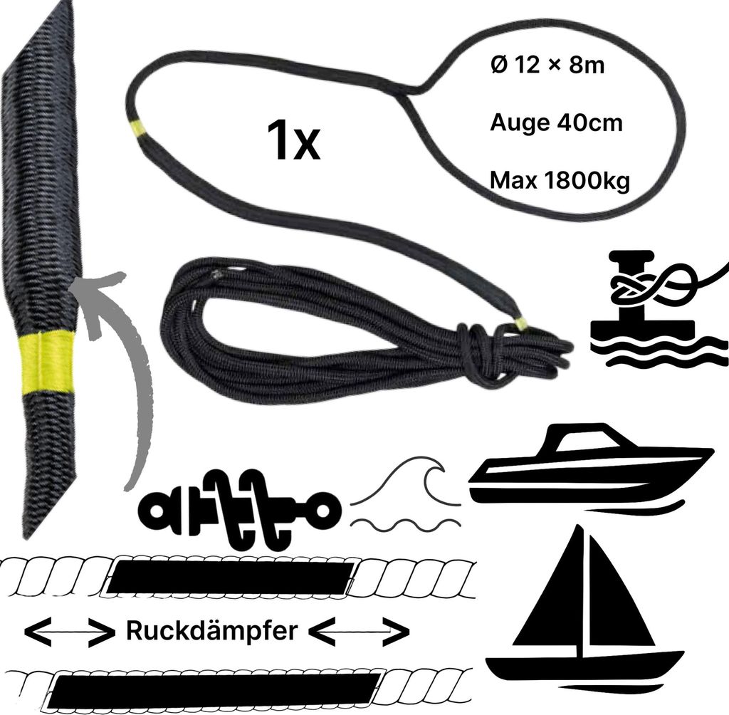 Boot Festmacherleine mit Ruck Dämpfer anlege Mooring Seil Schwarz 12mm x 8m