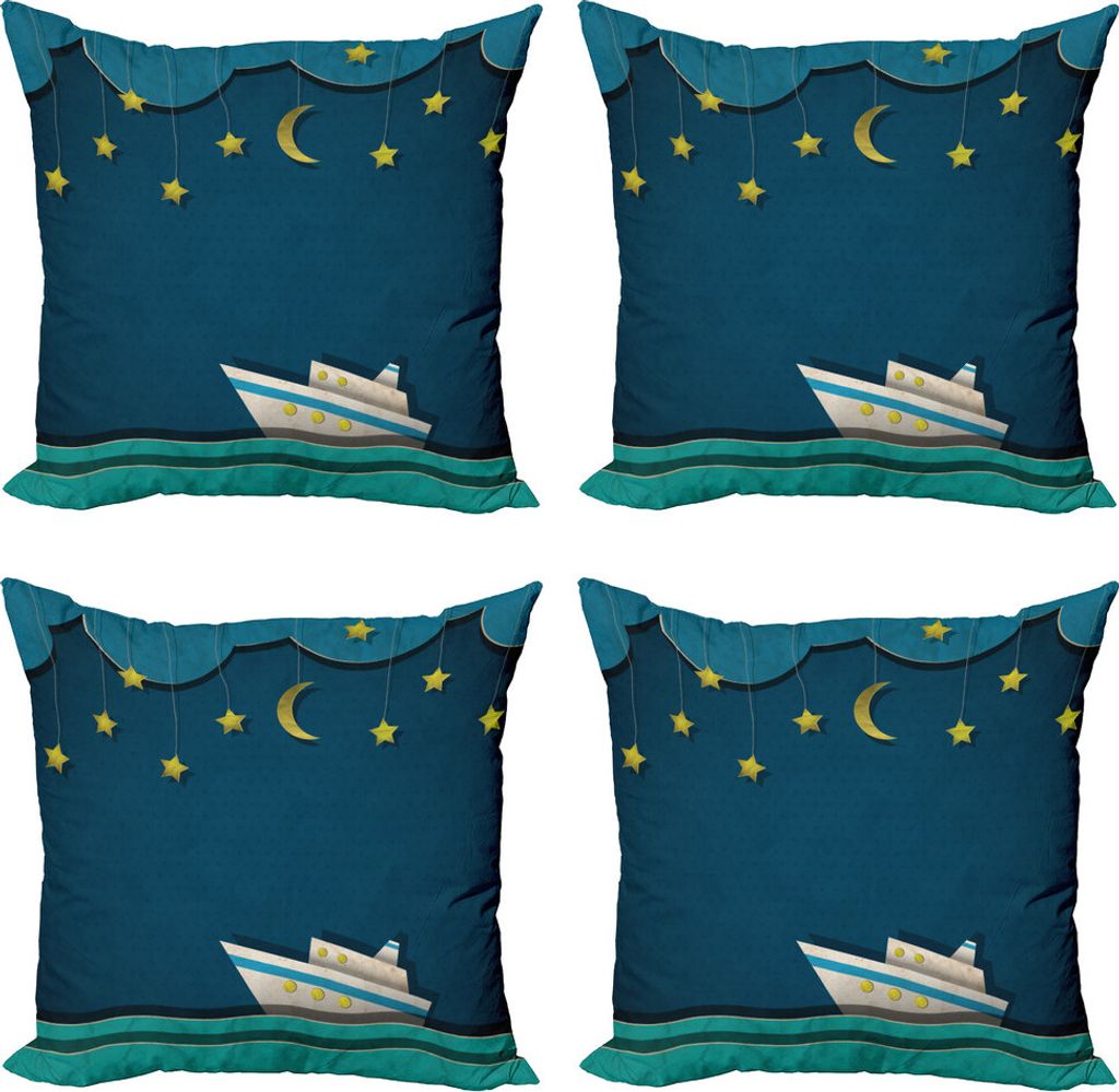 ABAKUHAUS Vintage Boat Kissenbezug Set (4 Stück), Kinder Mitternachts Sea, Moderner Doppelseitiger Digitaldruck, 60 cm x 60 cm, Night Blue Teal Ye...