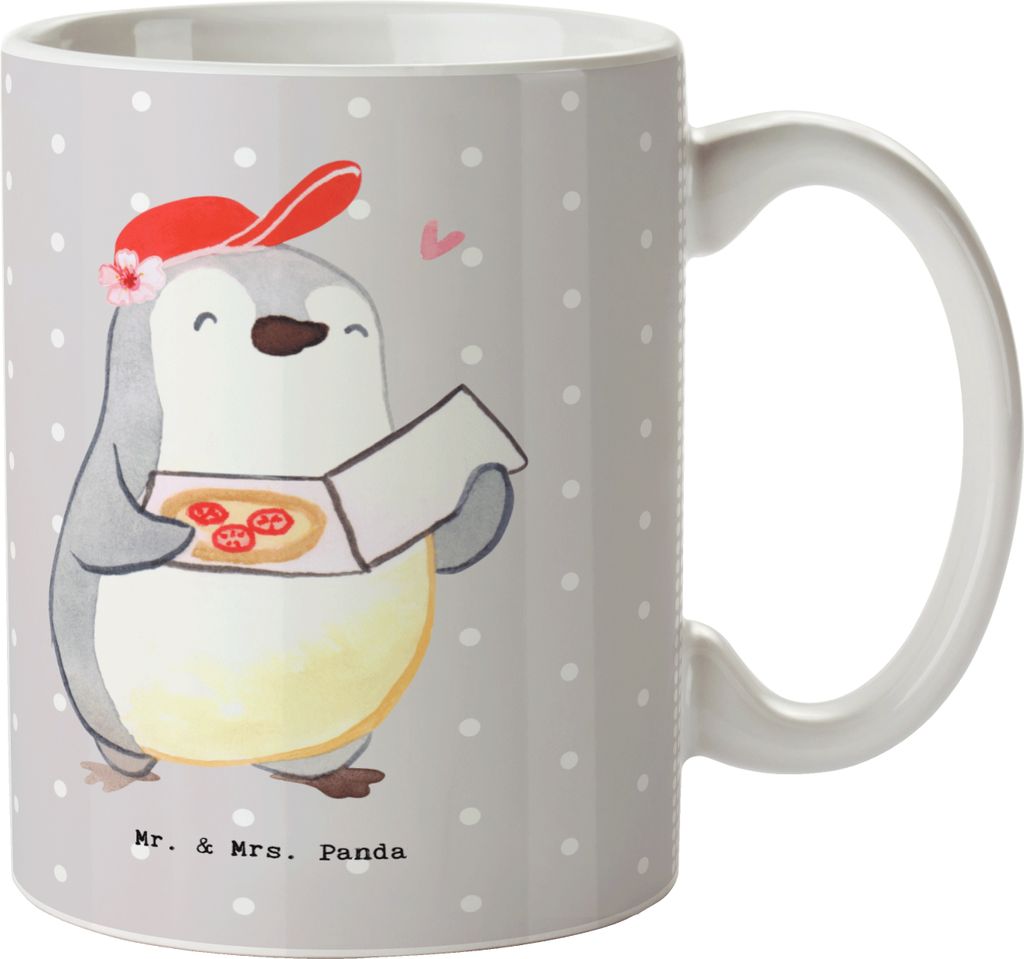 Mr. & Mrs. Panda Trinkbecher Pizzabäckerin Herz - Grau Pastell - Geschenk, Teetasse, Pizzabringdienst, Pizzabotin, schöne tasse, Pizza Backen, Ka...