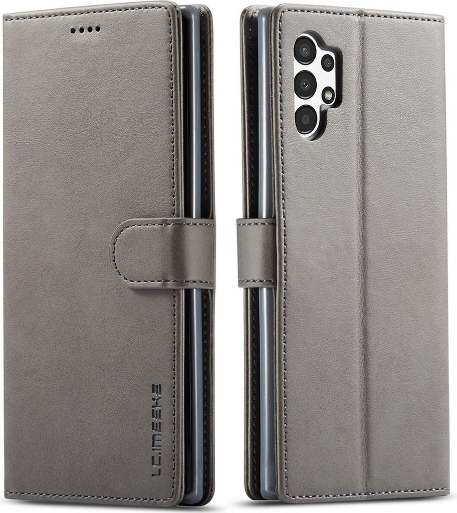 A gray leather flip case for a Samsung Galaxy A13 4G phone is shown from both the front and back.