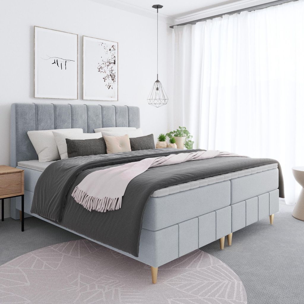 Bett, Boxspringbett BEGI - auf hohen Beinen mit Taschen-Matraze, T25 Topper, Bettkästen, Doppelbett, Stauraum, 160x200 cm, (Hellgrau - ITAKA 51)