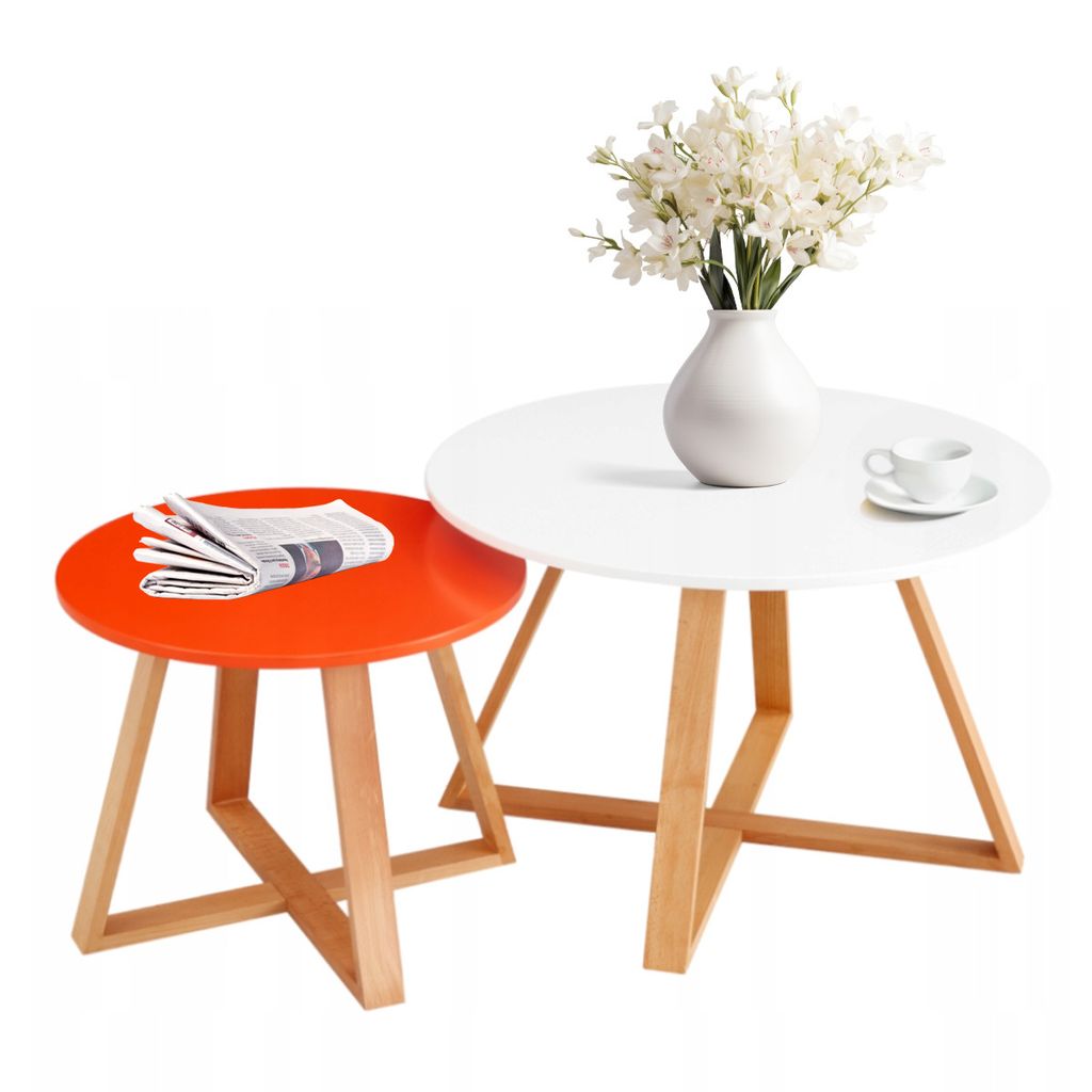 2er Set Beistelltisch mit Ablagen Couchtisch Sofatisch Kaffeetisch Satztisch Weiß Orange MDF Holz