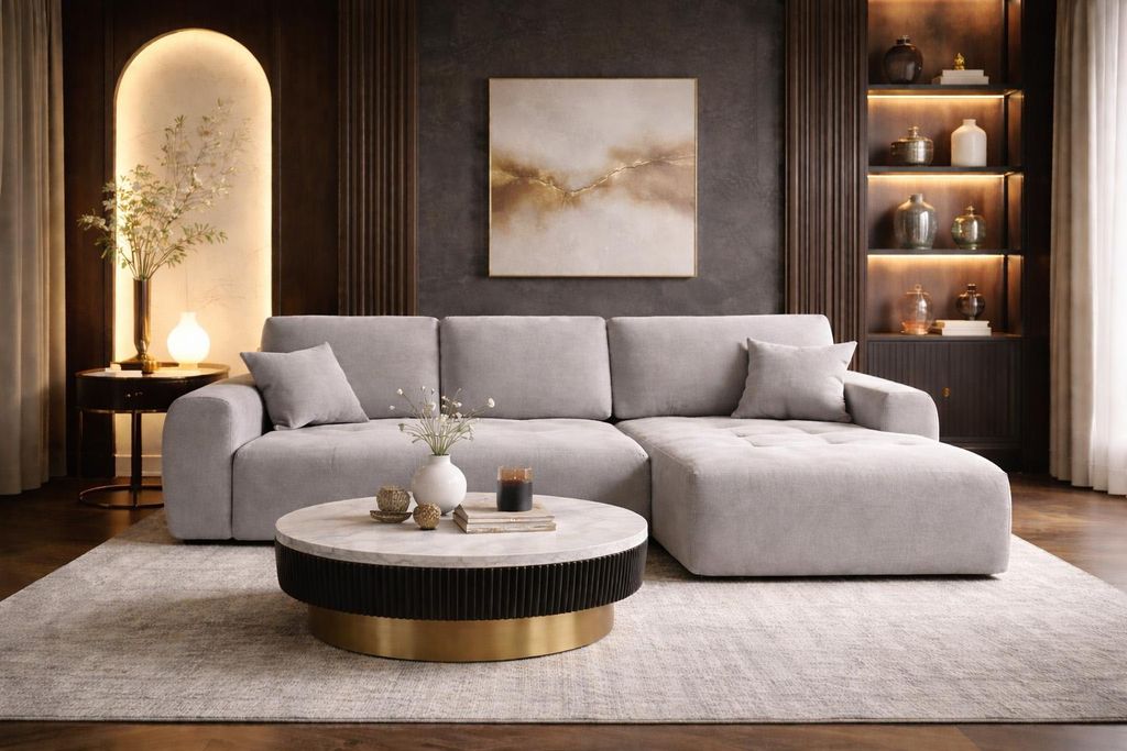 Kaiser Möbel Ecksofa mit Schlaffunktion und Bettkasten L-Form Ivo XL Veloursstoff Salvador, Grau, Rechts