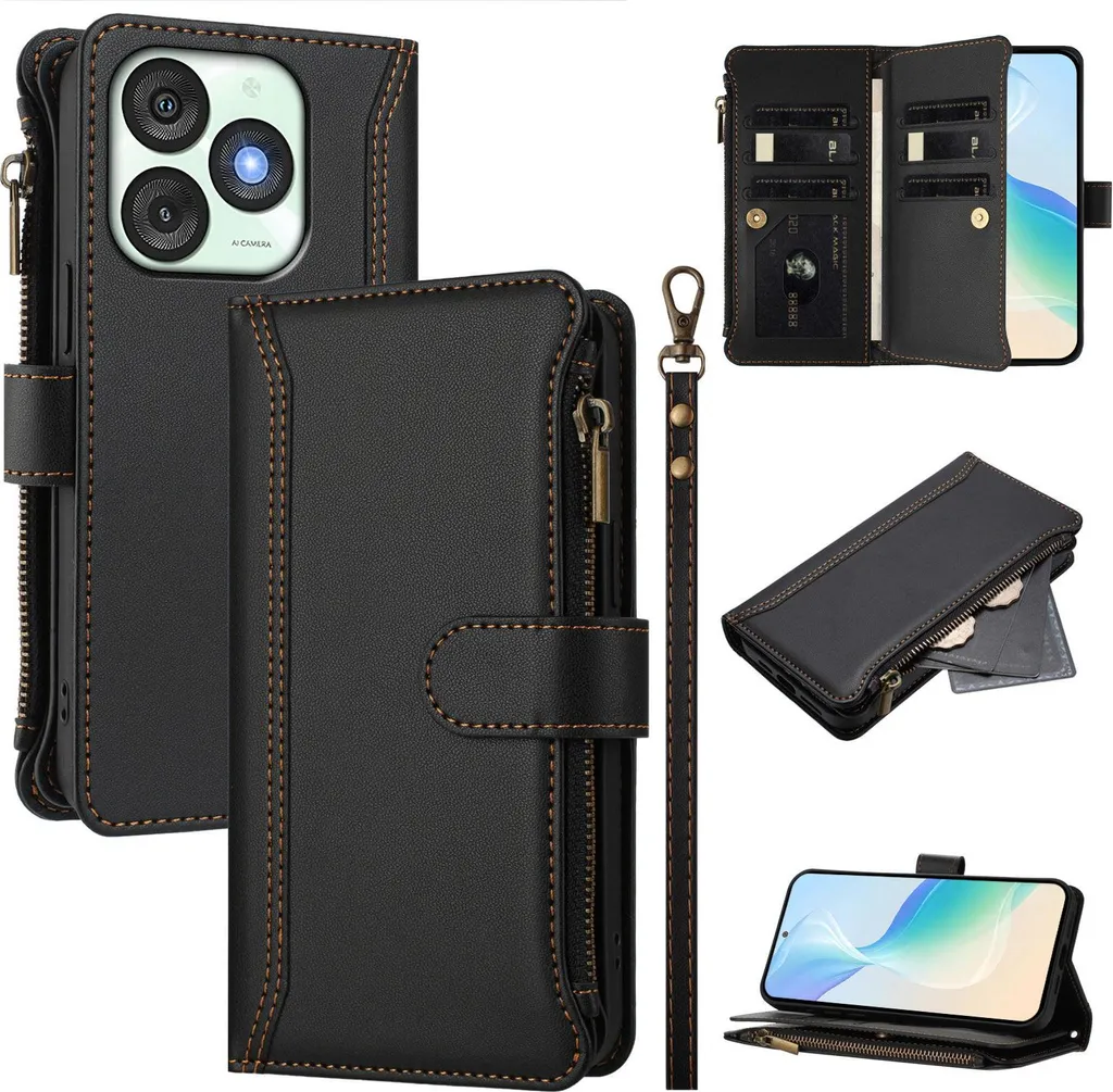 Cover Libro Itel A50 con Tasche | Custodia Nera Portafoglio Sottile