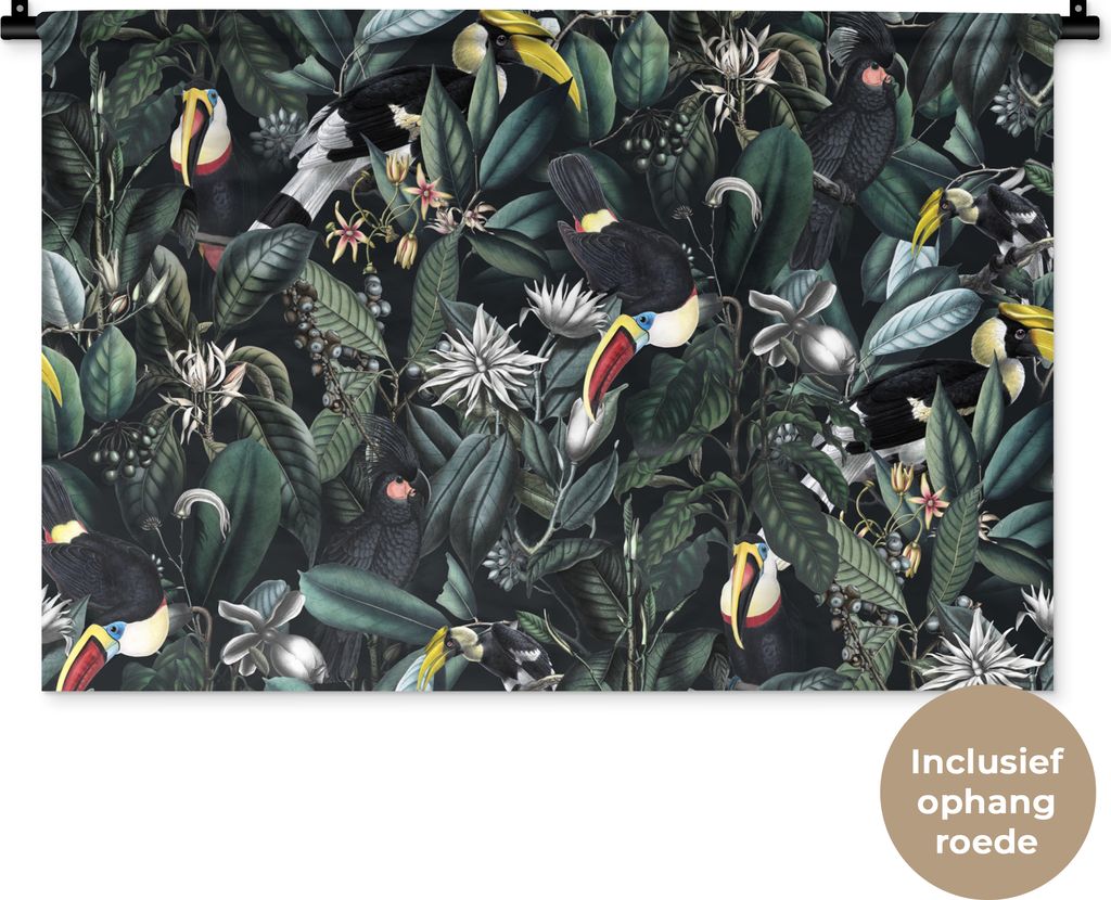 MuchoWow Wandteppich Wandbehang Blumen - Vogel - Tukan 90x60 cm Tapisserie Dekoration Wandtuch - Wandskulpturen - Bildteppich