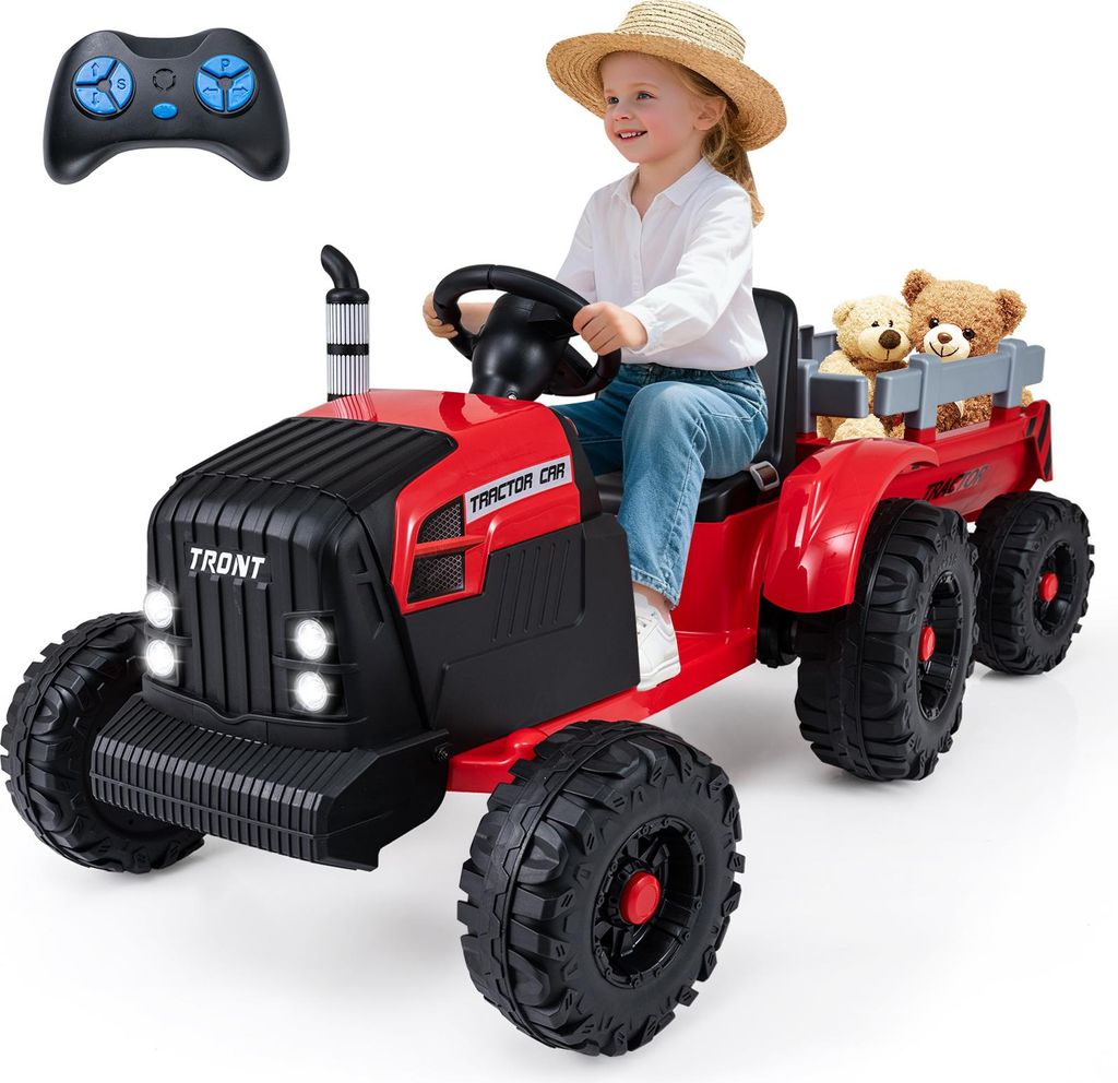 COSTWAY Elektro Traktor mit Anhänger, 24V Aufsitztraktor mit Fernbedienung, Musik, USB, Sanft-Start & LED, Elektrotraktor für Kinder 3+ Rot