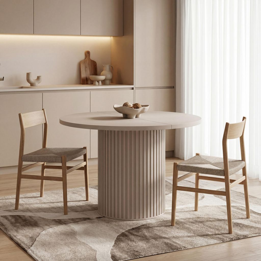Runder Esstisch Ausziehbar – von 100 cm bis 190 cm Verlängerbar – Esszimmertisch, Küchentisch in Lamellen-Optik, Oval, Säulentisch – Sandb...