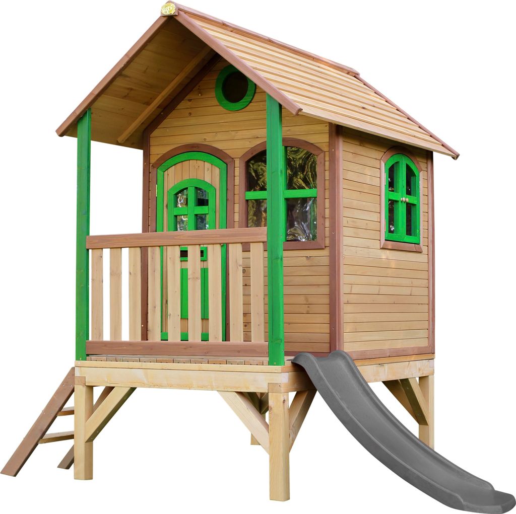 AXI Spielhaus Tom mit grauer Rutsche | Stelzenhaus in Braun & Grün aus Holz für Kinder | Spielturm für den Garten