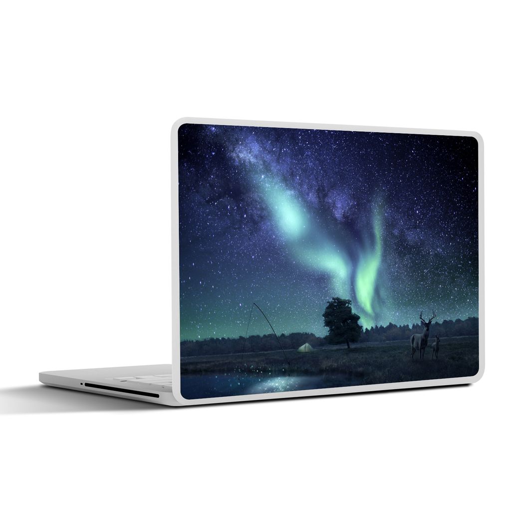MuchoWow Laptop Aufkleber Sticker Cover Nordlichter - Sternenhimmel - Nacht - Hirsche 31x22.5 cm - Laptop-Deko