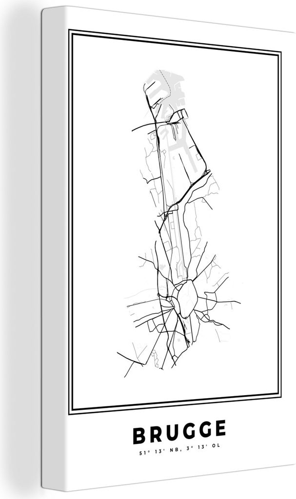 OneMillionCanvasses - Leinwandbilder - 90x140 cm, Karte - Belgien - Brügge - Schwarz und weiß - Stadtplan, Wandbilder Kunstdruck Wanddekoration...