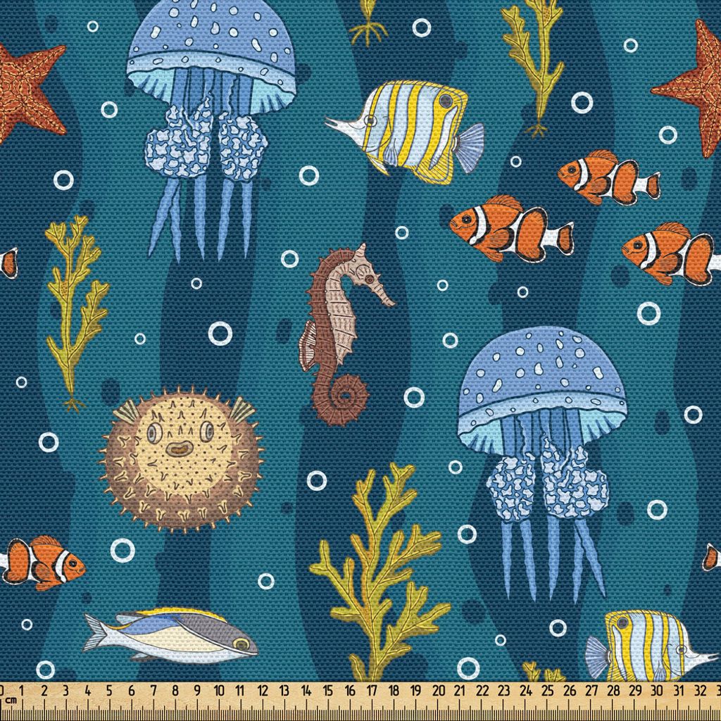 ABAKUHAUS Unterwasser- Gewebe als Meterware, Deep Sea Tiere Quallen Anemonenfisch Seepferdchen Shell Aquatic Ozean Cartoon, 10 M (148 x 1000 cm), M...