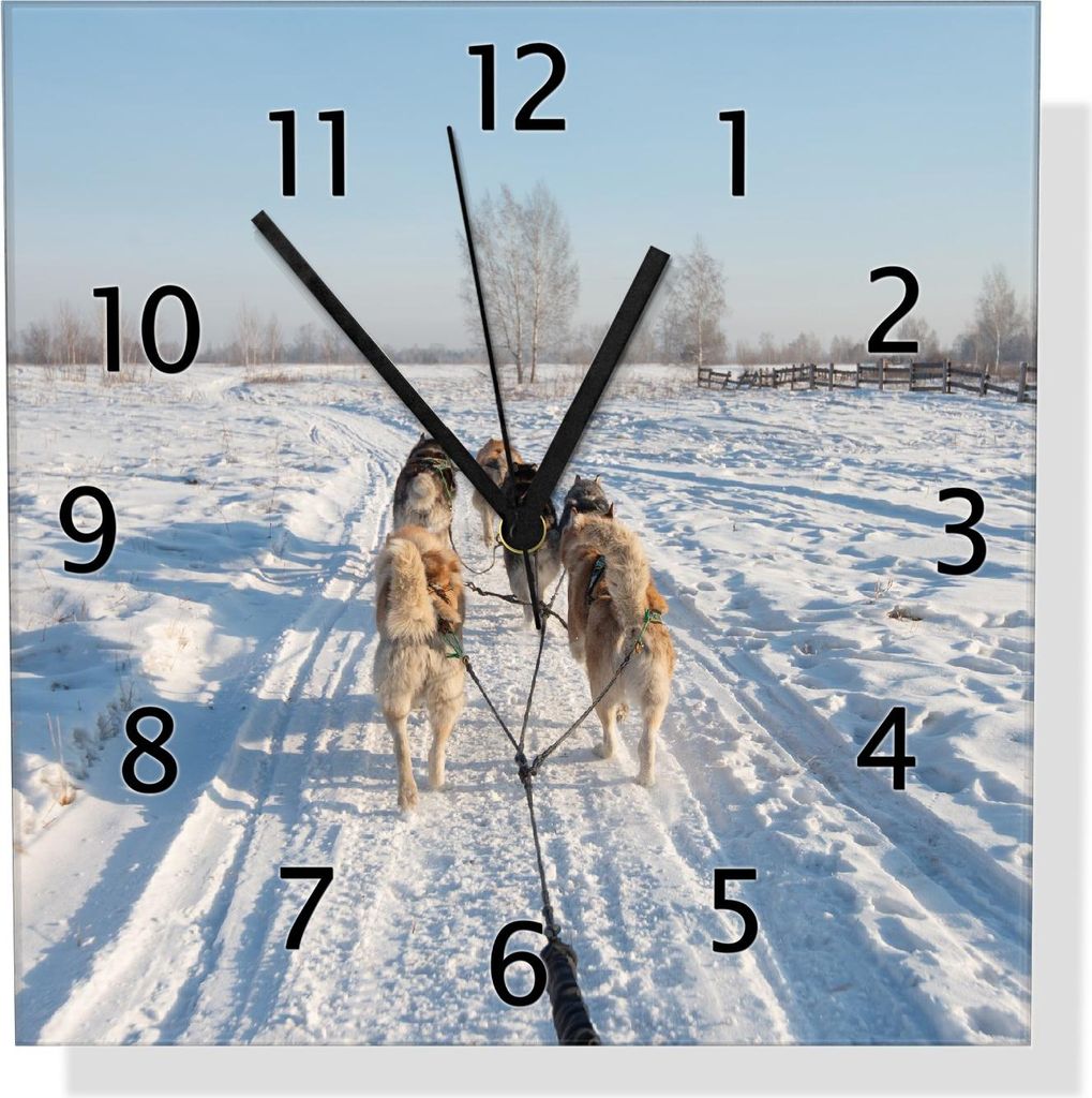 Wallario Design Wanduhr Hundeschlitten im Schnee aus Echtglas, Größe 30 x 30 cm