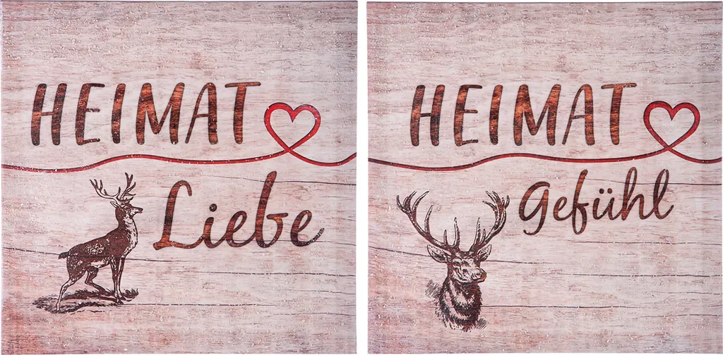 Décoration Murale Cerf Heimat en Bois et Toile 30x30 cm Gilde - 2 Pièces