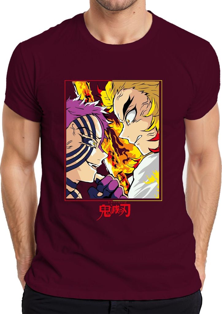 Demon Slayer Rengoku vs Akaza Flammen Kampf Anime Manga Geschenk Herren T-Shirt, Burgundy, 3XL