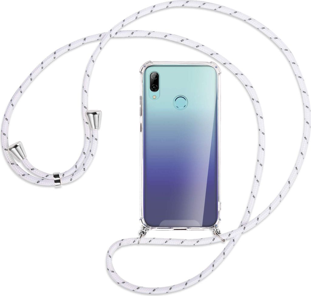 Handykette Backcover-Schutzhülle mit Band (Metall silberfarben) für Huawei P Smart 2019 / Honor 10 Lite - weiß/grau