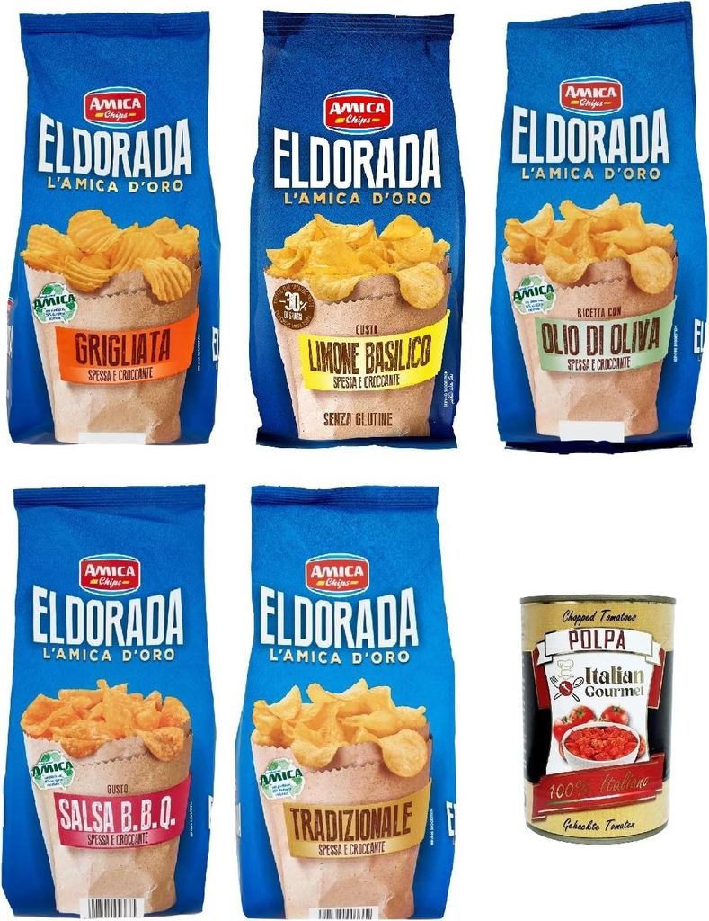 Amica Chips Eldorada Testpaket Salzige Kartoffelchips mit gewelltem Schnitt 5x 130g glutenfreie knusprige Kartoffel chips + Italian Gourmet polpa 400g