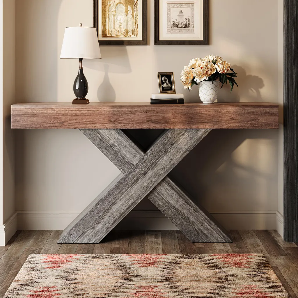 Meuble d'entrée étroit pour petit espace console Merax noyer pieds X