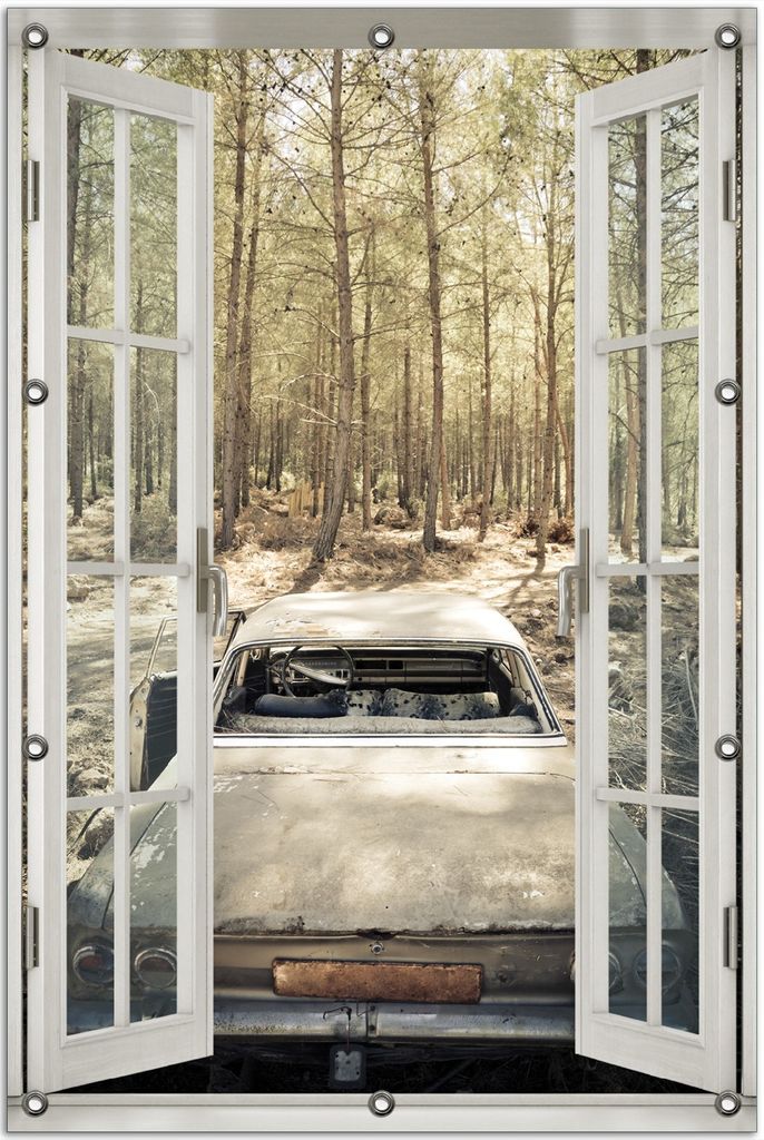 Wallario Outdoor-Poster für Garten oder Balkon 80 x 120 cm: Verrosteter Oldtimer im Wald