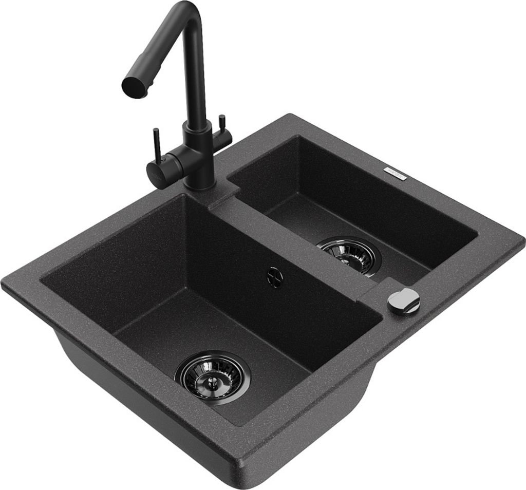 Mexen Carlos 1,5-Becken-Granitspüle mit Mischbatterie Duero, Schwarz gesprenkelt - 6518-76-671600-70-B