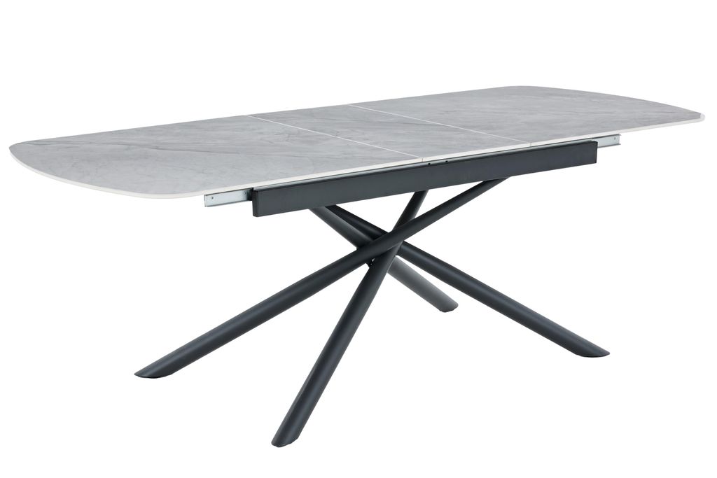 Hela Tische, Kulissentisch Esstisch Sintra, Sintered Stone Platte Grau Marmoroptik, Stern-Metallgestell, Ausziehbar mit Liftautomatik, Maß 180-220cm