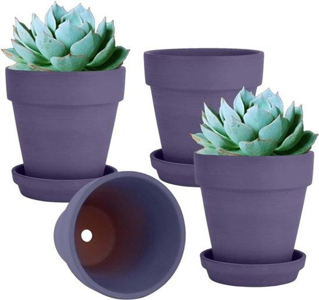 Famanu Terracotta Blumentöpfe Set – 4 große lila Töpfe mit Untersetzer, 15 cm, mit Drainageloch