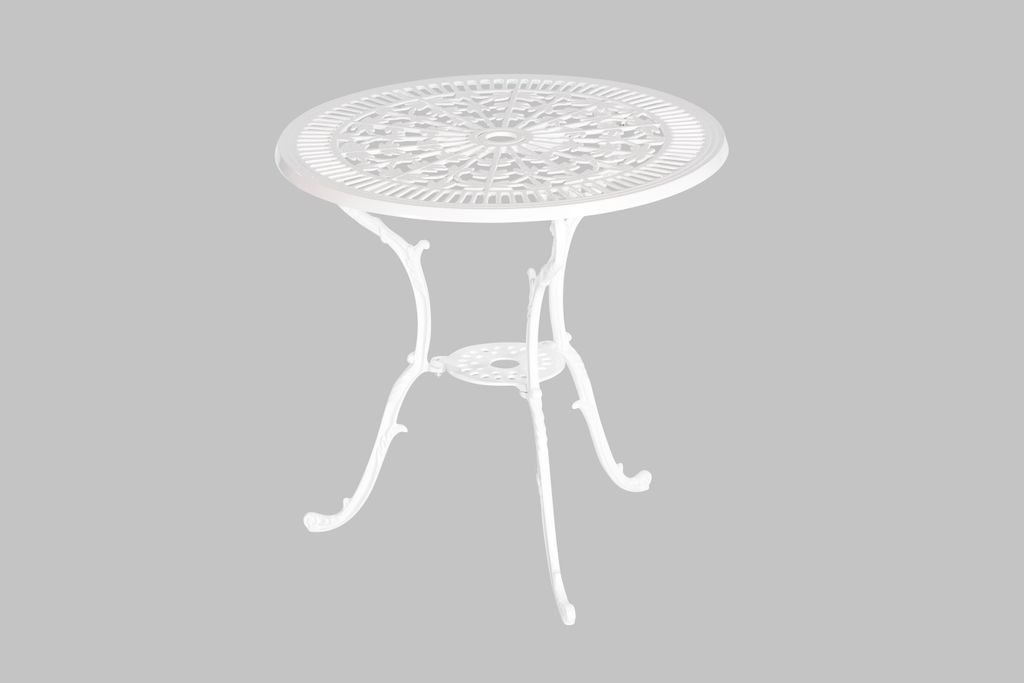 A white cast aluminum garden table with a decorative top and three legs, shown against a plain gray background.