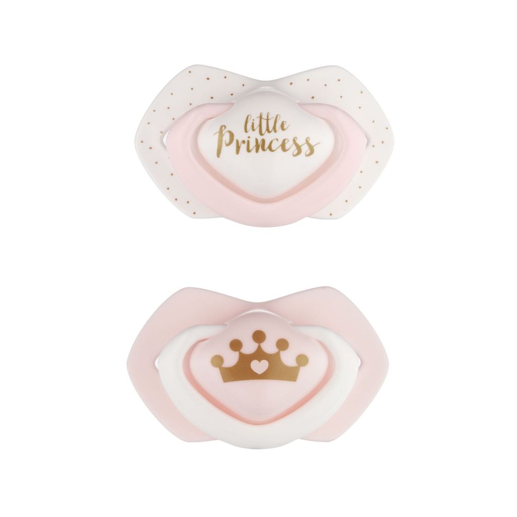 Two baby pacifiers are shown against a white background.