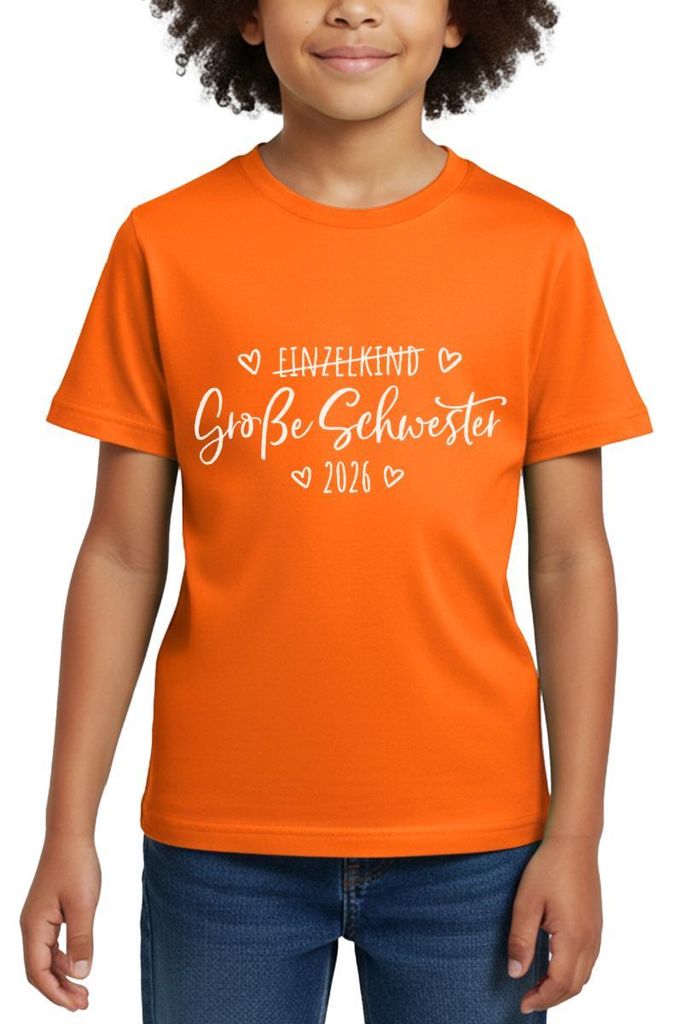 Spreadshirt Große Schwester 2026 Einzelkind Ende Herz Kinder T-Shirt, 110/116 (5-6 Jahre), Orange