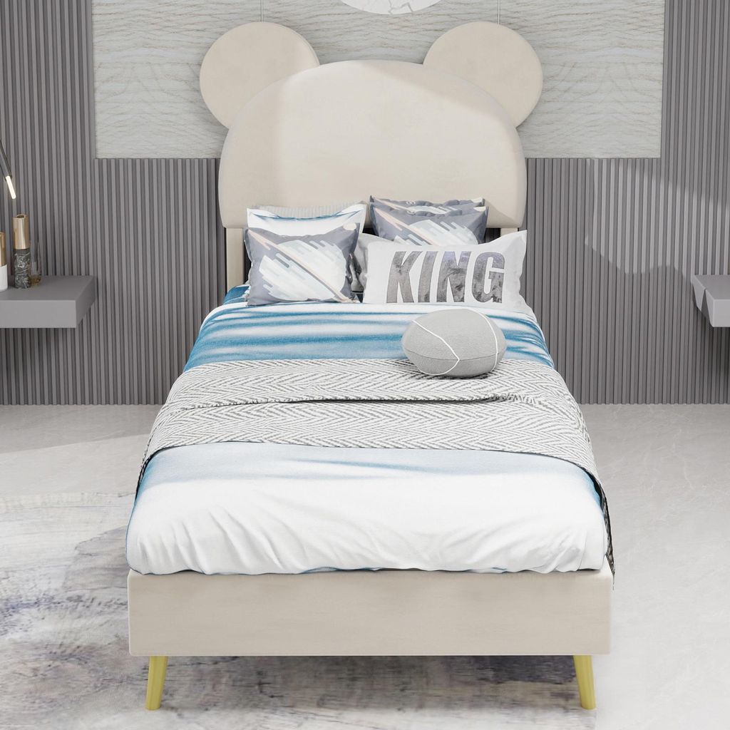 Polsterbett mit Cartoon-Kopfteil, 90x200 cm, Beige, Stoff+Metall, ohne Stauraum, 200x90x133 cm