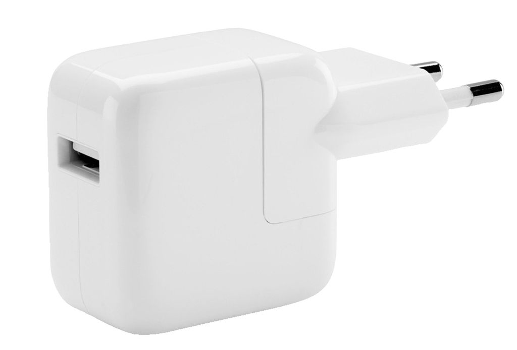 A white USB power adapter with European-style prongs.