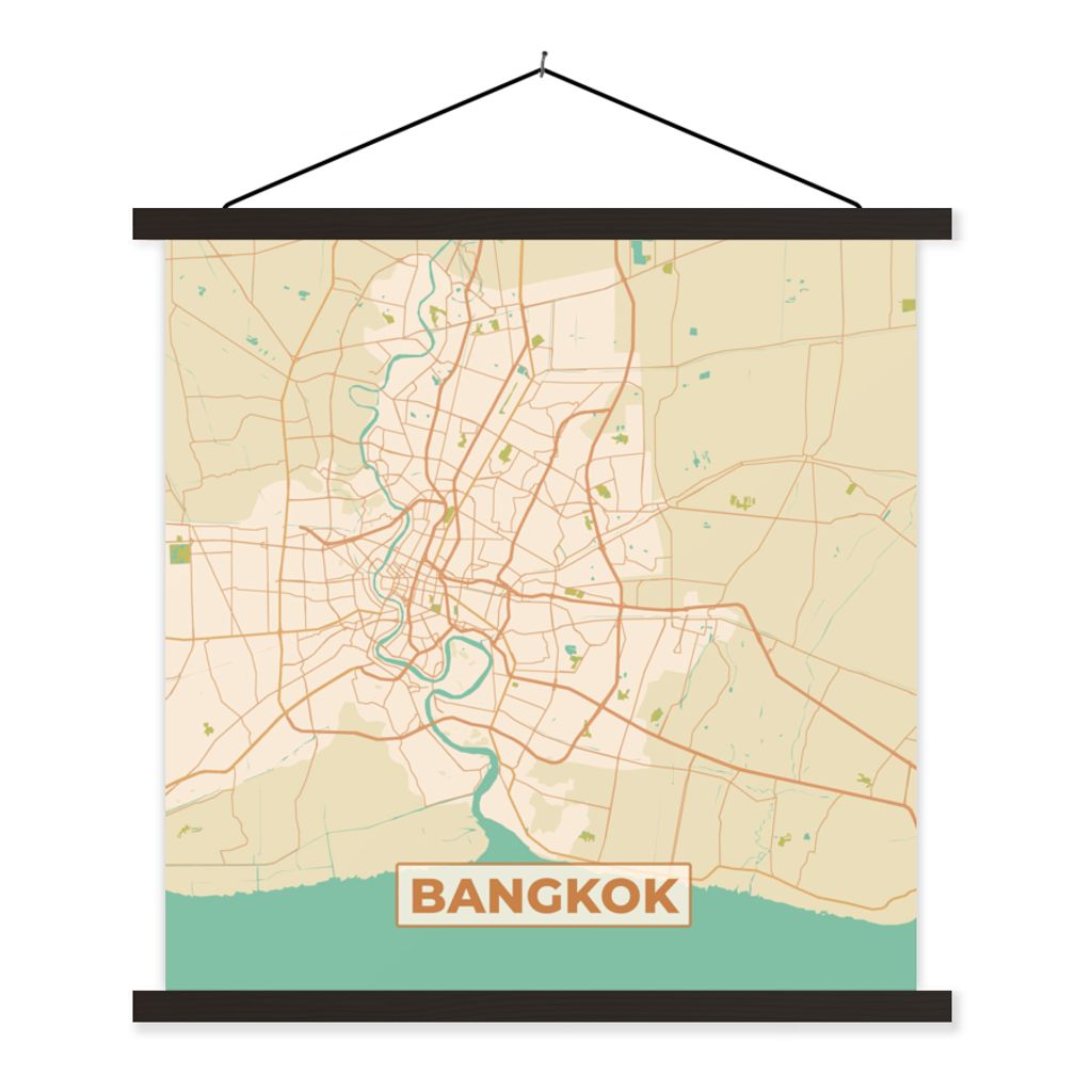 MuchoWow Textilposter Bangkok - Karte - Vintage - Stadtplan 90x90 cm mit schwarzem Rahmen - Magnetisches