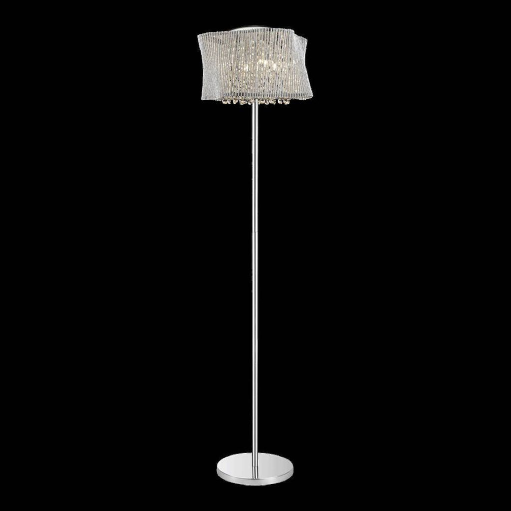 A floor lamp with a silver mesh shade and clear crystal accents, set against a black background.