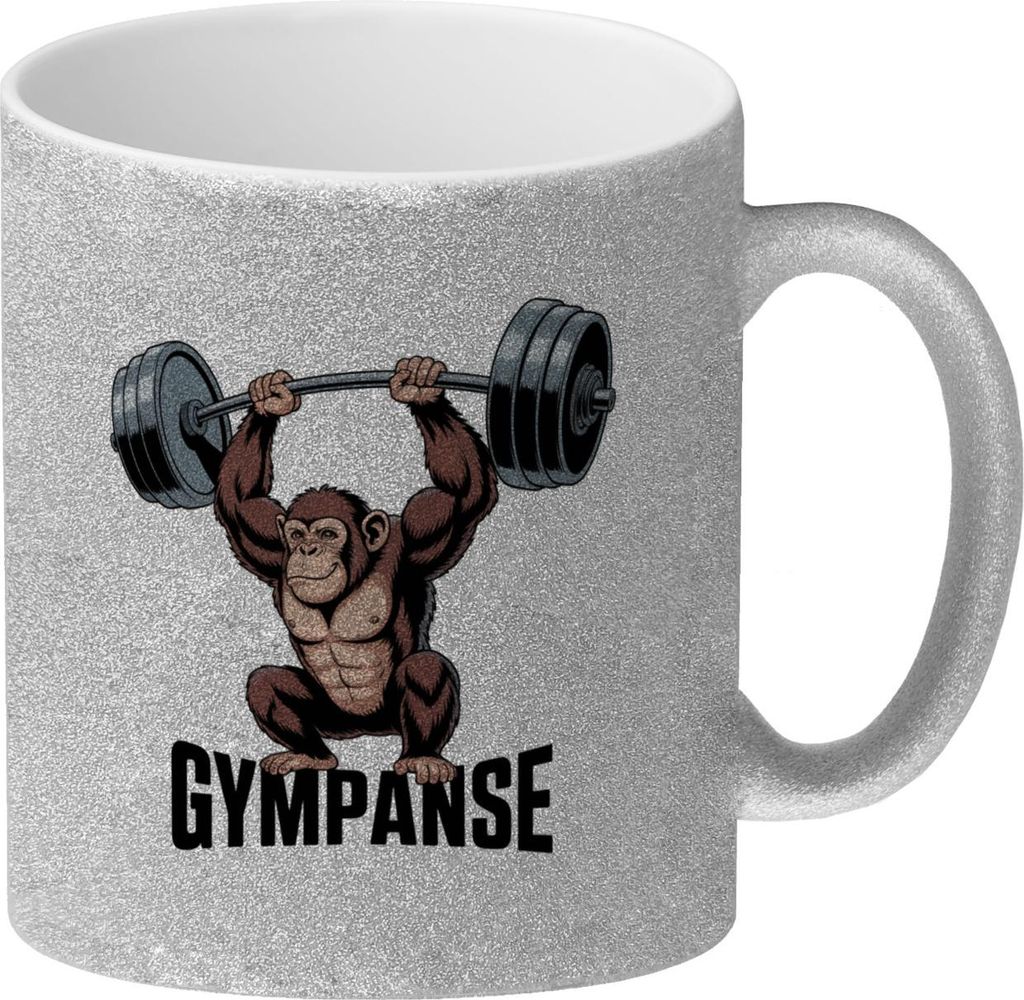 GYMPANSE Fitness Glitzer-Kaffeebecher Schimpanse mit Hantel