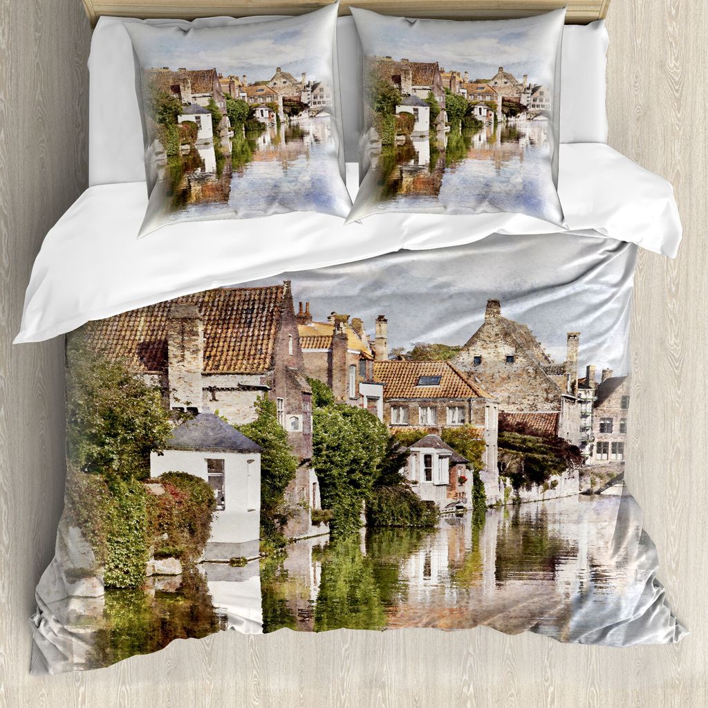 ABAKUHAUS Rustikal Bettbezugs Set Für Doppelbetten, Brügge-Kanal-Ansicht Artsy, Milbensicher Allergiker geeignet mit Kissenbezügen, Multi