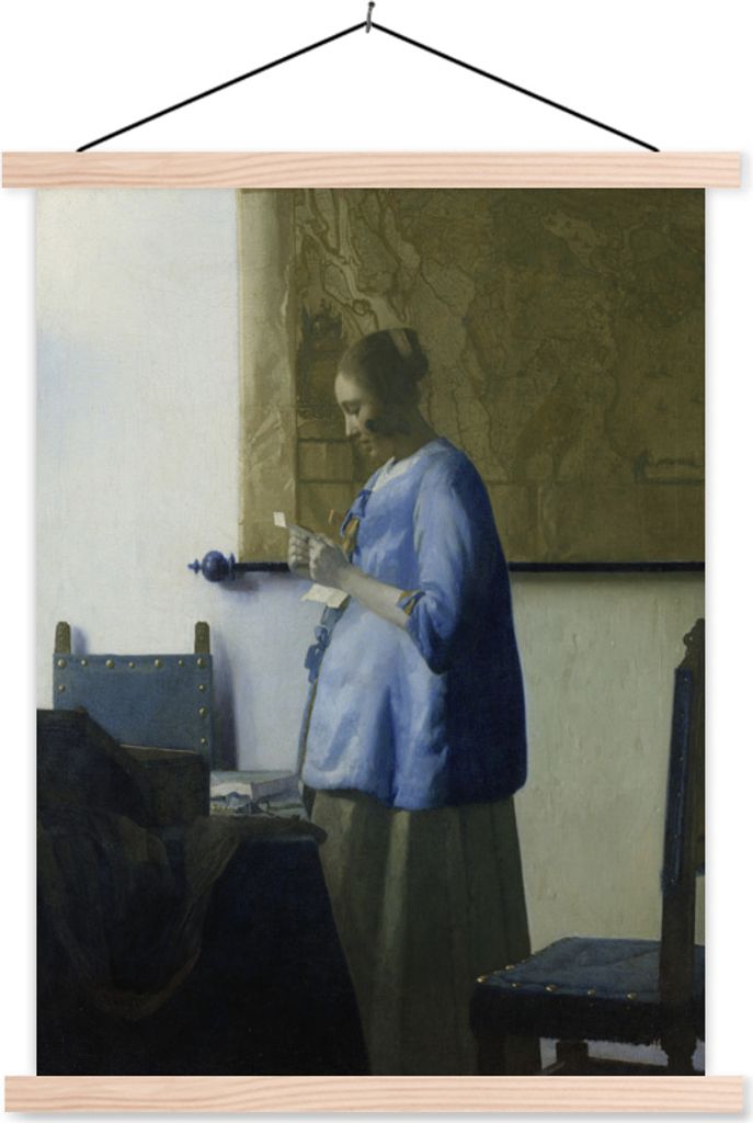 MuchoWow Textilposter Frau in Blau liest einen Brief - Johannes Vermeer 40x53 cm mit holzfarbenen Rahmen - Schlafzimmer