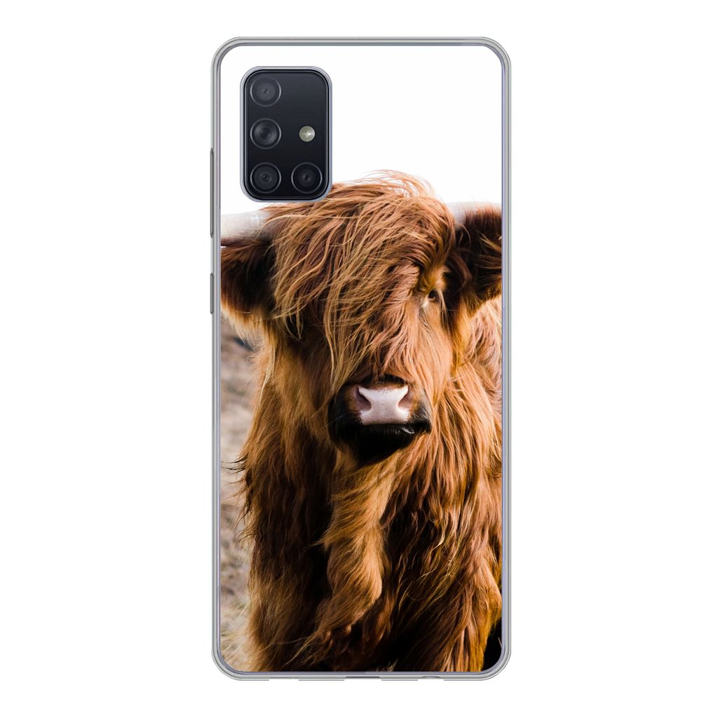 MuchoWow Handyhülle Schutzhülle Hülle für Samsung Galaxy A51 Schottische Highlander - Landschaft - Kuh - Braun - Tiere - Natur Silikon Softca...