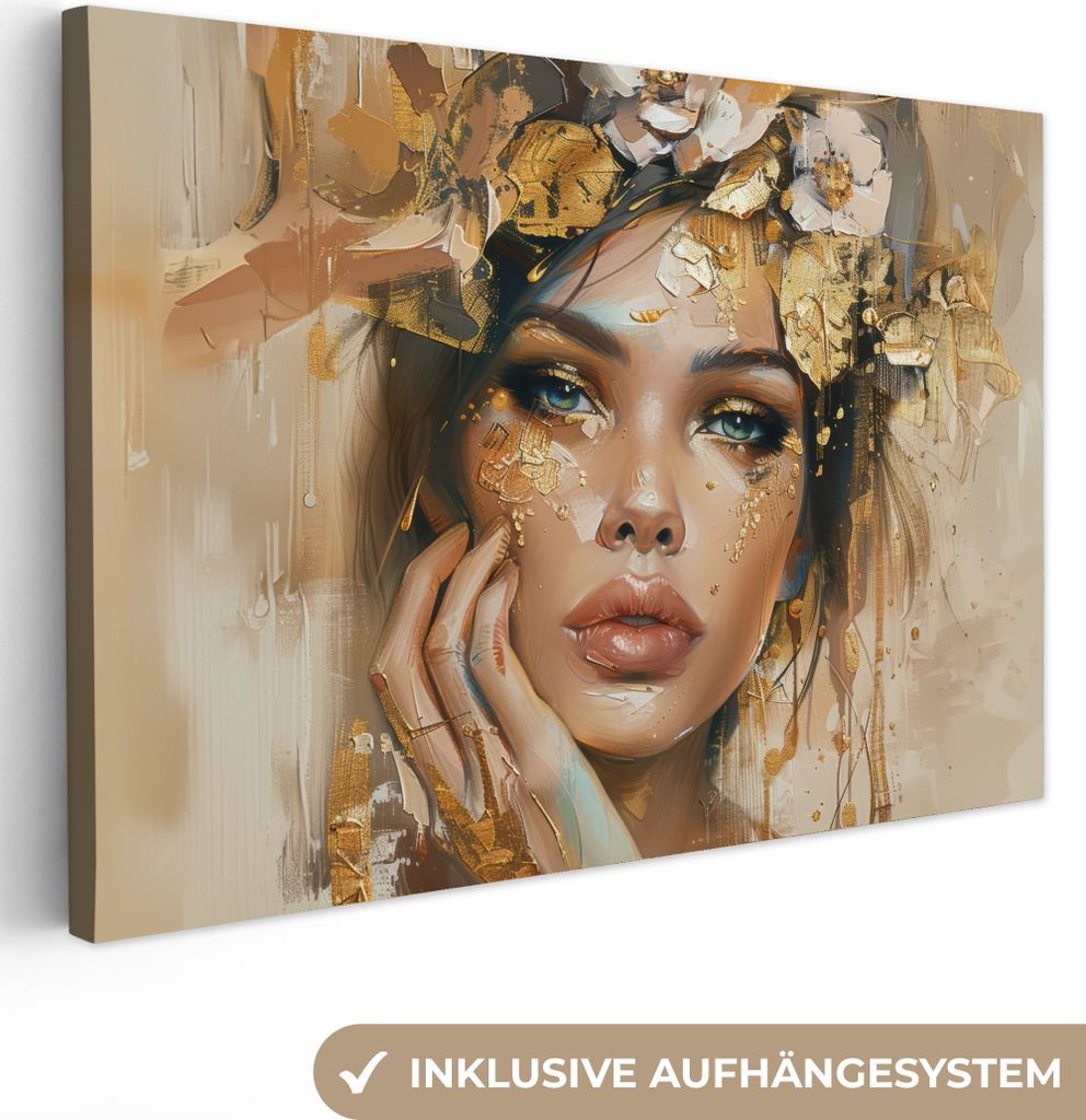MuchoWow - Leinwandbilder - Frau - Blumen - Gold - Porträt, Wandbild, Wanddeko Bilder Wohnzimmer, 90x60 cm