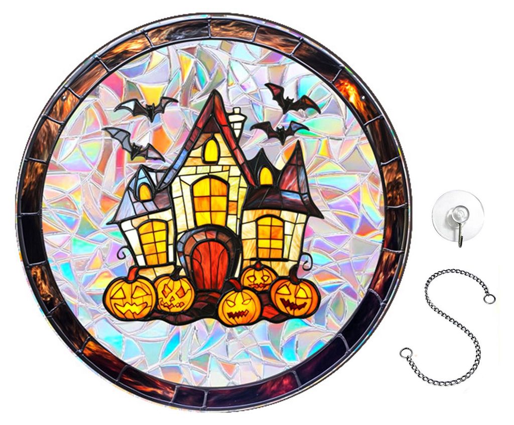 Halloween-Sonnenfänger-Hängedekoration: Geist, Kürbis, Hexe, schwarze Katze, Burg, Krähenschädel, Buntglas, 2D, flaches Acryl, Wand- oder Fens...